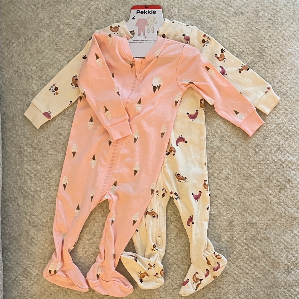 Pink Ice Cream & Cream Chicken Print Footed One-Piece - 2 Pack
